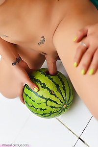 Petite Asian shemale with Big Tits fucking a watermelon