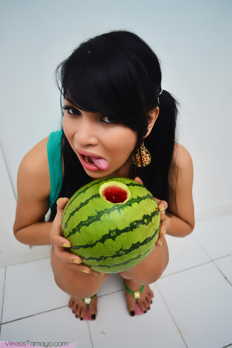 Petite Asian shemale with Big Tits fucking a watermelon - ShemaleTubeVideos