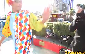 Purplehaired tranny riding on clowns dong