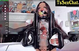 Cosplay trans chick masturbates with a powerful machine