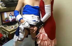 Cosplay sissy horny young crossdressers cum in hands