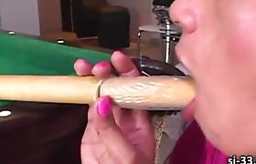 Flirty tranny sweetheart Aline G plugs a billiard stick inside her ass