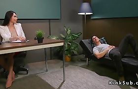 Tranny doctor bangs dude on the sofa