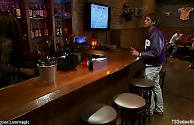 Shemale fucks men in sports bar