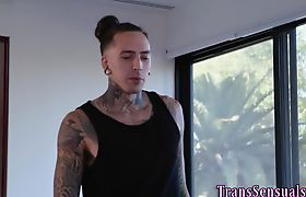 Tattooed tgirl stroking and riding