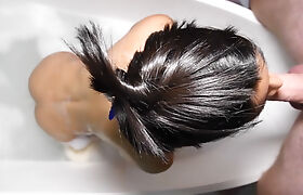Skinny Thai femboy gives a POV blowjob in a bath tub at home