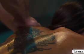 Horny masseur fucks the ass of TS Ebony customer
