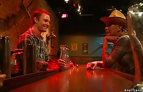 Shemale cowgirl anal fucks bartender