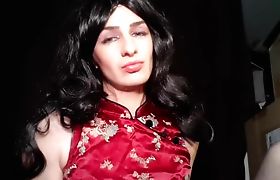 White Sissy CD In Asian Ladyboy Dress Small cock