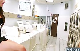 Busty shemale Madison Montag ass nailed in laundry shop