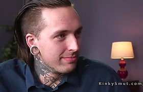 Tattooed guy banged by blonde tranny