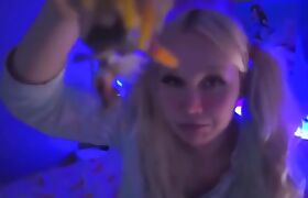 Blond tranny in pigtails face fucked and facialized MESSY